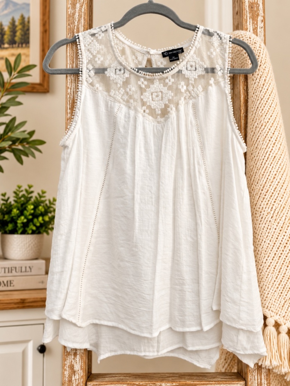New Directions Lace Yoke, Gauzy Bodice, White/Cream Sleeveless Top, Petite Large
